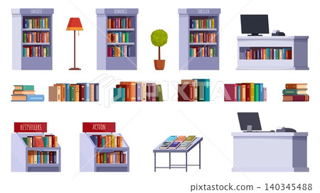 Cartoon bookstore furniture. Bookshelves and bookcases, book stacks, ad promotional stands with bestsellers and actions. Shop equipment sapid vector set Cartoon bookstore furniture. Bookshelves and bookcases, book stacks, ad promotional stands with bestsellers and actions. Shop equipment sapid vector set 140345488