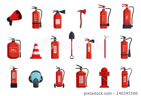 Fire protection tools. Firefighter equipment, isolated shovel, axe, protective face mask. Different red extinguisher with foam, safety sapid vector elements 140345500