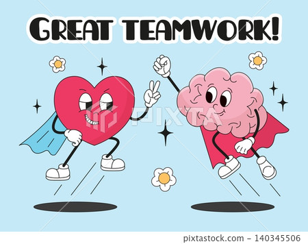 Funny brain poster. Heart and brain working together, dream team of human mental health balance. Psychology and psychotherapy, neoteric vector banner 140345506