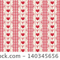 Seamless pattern with hearts, bows and vertical scallop lace borders on red gingham background in cream and red. Romantic coquette style for gift wrap, fabric, stationery, Valentine decor. 140345656