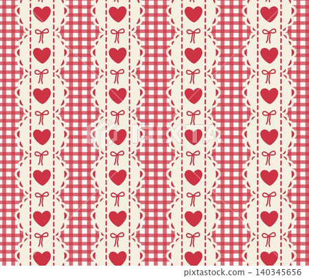 Seamless pattern with hearts, bows and vertical scallop lace borders on red gingham background in cream and red. Romantic coquette style for gift wrap, fabric, stationery, Valentine decor. Seamless pattern with hearts, bows and vertical scallop lace borders on red gingham background in cream and red. Romantic coquette style for gift wrap, fabric, stationery, Valentine decor. 140345656