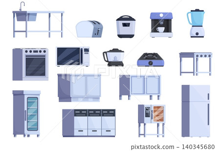 Professional kitchen furniture. Cartoon restaurant or canteen chef interior elements. Different equipment and accessories. Fridge, oven, metal sink, sapid vector set Professional kitchen furniture. Cartoon restaurant or canteen chef interior elements. Different equipment and accessories. Fridge, oven, metal sink, sapid vector set 140345680