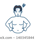 一幅插圖,描繪了一位因腹部脂肪過多而煩惱的肥胖男子。 一幅插圖,描繪了一位因腹部脂肪過多而煩惱的肥胖男子。 140345844