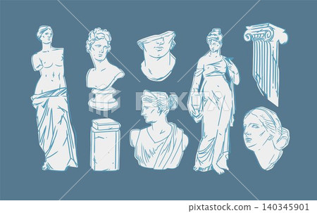 Hand drawn vector abstract outline,graphic,line greek ancient sculpture statue line art modern drawing set.Antique classic statues in trendy line style,outline design concept.Antique statue design. Hand drawn vector abstract outline,graphic,line greek ancient sculpture statue line art modern drawing set.Antique classic statues in trendy line style,outline design concept.Antique statue design. 140345901