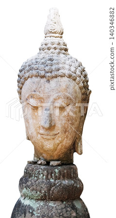 Ancient head of buddha statue in Wat Umong is ancient temple isolated on white background with clipping path Ancient head of buddha statue in Wat Umong is ancient temple isolated on white background with clipping path 140346882