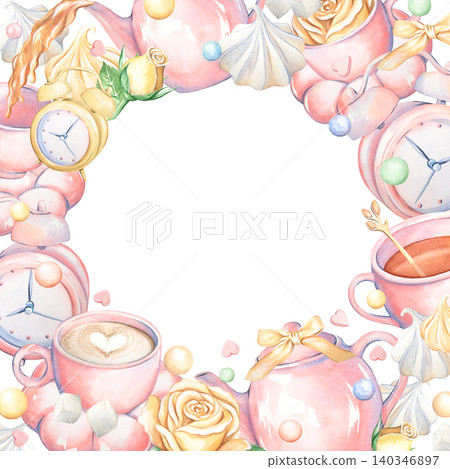 A watercolor square frame with a hand-drawn tea set. Tea or coffee break utensils in pastel tones in a coquette style. Accessories include a rose, beads, alarm clock,a bow. For printing and design. 140346897