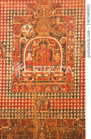 Tathagata Vairochana - One Of Five Dhyani Buddhas. Laksha-chaitya Pata Is Symbolic Offering Of One Hundred Thousand Chaityas -stupas- To God. Ritual Observed By Buddhist Devotees Which Involves Tathagata Vairochana - One Of Five Dhyani Buddhas. Laksha-chaitya Pata Is Symbolic Offering Of One Hundred Thousand Chaityas -stupas- To God. Ritual Observed By Buddhist Devotees Which Involves 140346903