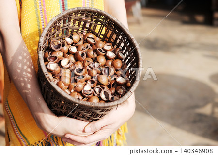 Close up woman hand holding Macadamia nuts shell in woven basket Close up woman hand holding Macadamia nuts shell in woven basket 140346908