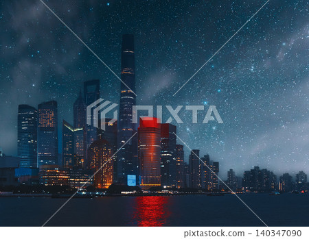 Panoramic view of Lujiazui skyline and Huangpu River under starry sky. Panoramic view of Lujiazui skyline and Huangpu River under starry sky. 140347090