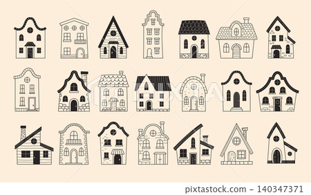 Doodle houses. Vector set with hand drawn home buildings cute cottages and simple sketch architecture in recent style Doodle houses. Vector set with hand drawn home buildings cute cottages and simple sketch architecture in recent style 140347371