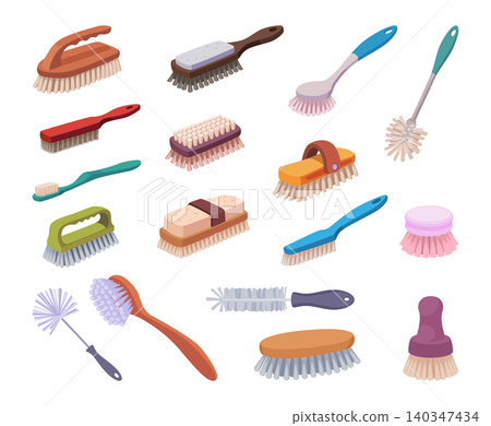 Cleaning brushes. Vector cartoon collection with hand scrubbers body brushes and natural wood cleaning tools in exact design Cleaning brushes. Vector cartoon collection with hand scrubbers body brushes and natural wood cleaning tools in exact design 140347434