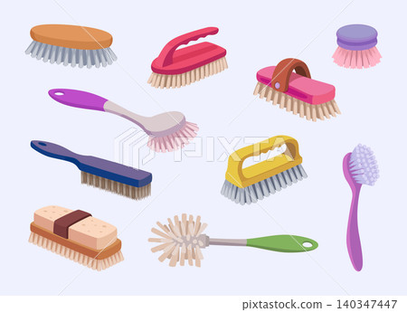 Scrub brushes. Vector cartoon set with wooden cleaning brushes bath tools and household scrub accessories in exact style Scrub brushes. Vector cartoon set with wooden cleaning brushes bath tools and household scrub accessories in exact style 140347447
