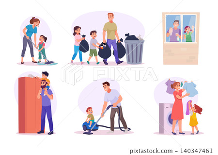House cleaning vector. Parents and children tidying rooms, cleaning glass, mopping floors, carrying groceries, and caring for plants in exact design 140347461