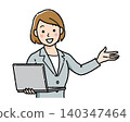A businesswoman explaining while holding a laptop. 140347464