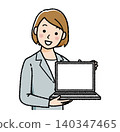 A businesswoman showing her laptop screen. 140347465