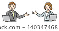 A businessman and businesswoman explaining while holding laptops. 140347468