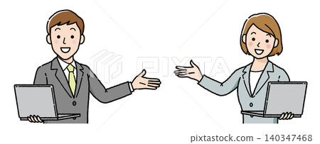一位商人和一位女商人一邊拿著筆記型電腦一邊解釋。 一位商人和一位女商人一邊拿著筆記型電腦一邊解釋。 140347468