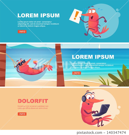 Shrimp Banners. Funny vector shrimp characters relaxing working and running in colorful horizontal banner scenes Shrimp Banners. Funny vector shrimp characters relaxing working and running in colorful horizontal banner scenes 140347474