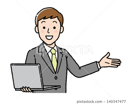 A businessman explaining with a laptop. 140347477