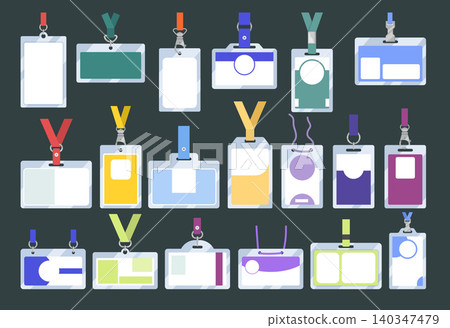 ID Badges. Colorful vector id cards with lanyards and blank templates in flat office style collection ID Badges. Colorful vector id cards with lanyards and blank templates in flat office style collection 140347479