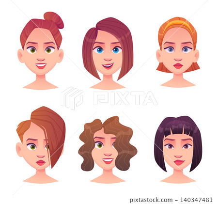 Female Avatars. Cute vector female faces with different hairstyles makeup and cartoon expressions in flat character style 140347481