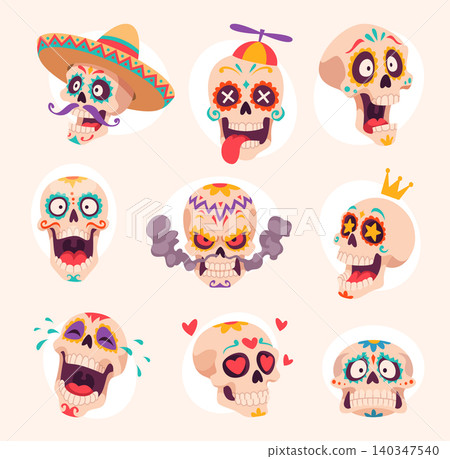 Cartoon skulls. Vector collection of creepy cute skeleton faces with comic expressions and playful exact style Cartoon skulls. Vector collection of creepy cute skeleton faces with comic expressions and playful exact style 140347540