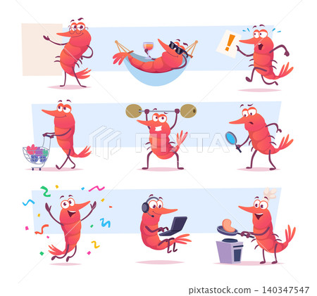 Cartoon shrimp. Vector collection with funny seafood characters dancing singing and holding party items in bright exact mood 140347547