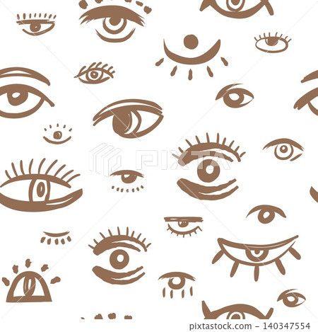 Mystic Eyes. Vector seamless pattern with hand drawn eye symbols abstract shapes and boho doodle elements on light background Mystic Eyes. Vector seamless pattern with hand drawn eye symbols abstract shapes and boho doodle elements on light background 140347554