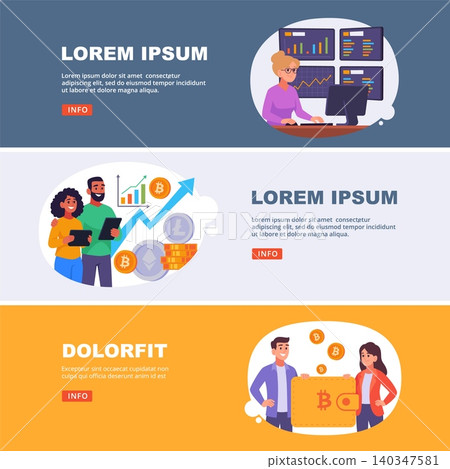 Crypto Banners. Vector finance banners with traders coins charts and bitcoin wallet scenes in modern flat style illustration set Crypto Banners. Vector finance banners with traders coins charts and bitcoin wallet scenes in modern flat style illustration set 140347581