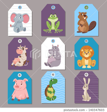Animal Tags. Vector cartoon animal labels with cute elephant lion rabbit frog and farm animal characters on colorful tags Animal Tags. Vector cartoon animal labels with cute elephant lion rabbit frog and farm animal characters on colorful tags 140347603
