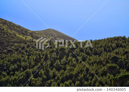Green forested hills under a clear blue sky Green forested hills under a clear blue sky 140348005