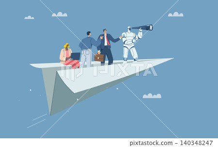 Finding new goals for company growth, New vision concept, Collaboration of personnel with artificial intelligence or AI, Robot uses binoculars with a business team on a paper plane. Vector design. Finding new goals for company growth, New vision concept, Collaboration of personnel with artificial intelligence or AI, Robot uses binoculars with a business team on a paper plane. Vector design. 140348247