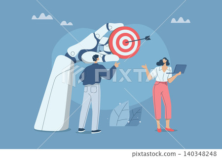 Collaboration of personnel with artificial intelligence or AI, Setting important goals with business support with AI, Business team working with a robot arm holding a target, Vector illustration. Collaboration of personnel with artificial intelligence or AI, Setting important goals with business support with AI, Business team working with a robot arm holding a target, Vector illustration. 140348248