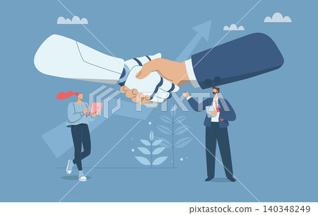 Ai robot and human shaking hands, Businessman and robot engaging in a handshake, Cooperation between business people artificial intelligence robots, Human expertise and technological progress. Ai robot and human shaking hands, Businessman and robot engaging in a handshake, Cooperation between business people artificial intelligence robots, Human expertise and technological progress. 140348249
