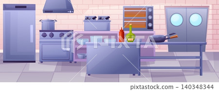 Professional kitchen interior. Restaurant fast food, cafe cooking area. Deep fryer, food warming cabinet, refrigerator, stove, dishes, nowaday vector scene Professional kitchen interior. Restaurant fast food, cafe cooking area. Deep fryer, food warming cabinet, refrigerator, stove, dishes, nowaday vector scene 140348344