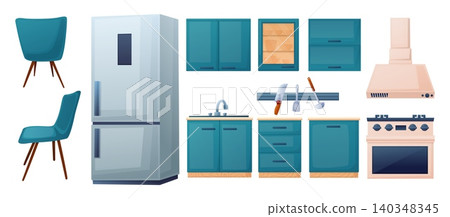 Home kitchen furniture. Cooking equipment, stools, fridge and gas stove. Wooden colored cabinets and shelves, appliances, cutleries, nowaday vector elements Home kitchen furniture. Cooking equipment, stools, fridge and gas stove. Wooden colored cabinets and shelves, appliances, cutleries, nowaday vector elements 140348345