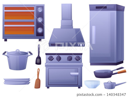 Cartoon professional kitchen furniture. Oven, fridge, stove and cutlery. Metal pans and pot, different plates and bowls, food warming cabinet, nowaday vector set 140348347