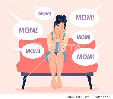 Frustrated mother. Woman patient in stress and depression, exhausted and tired. Motherhood problems, female need rest of child noise, recent vector scene Frustrated mother. Woman patient in stress and depression, exhausted and tired. Motherhood problems, female need rest of child noise, recent vector scene 140348362