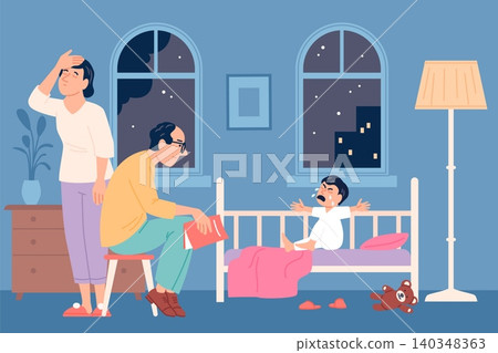 Baby sleeping problems. Exhausted mother and dad in child room. Happy unsleeping toddler, parents in stress. Fatigue of parenthood, recent vector scene Baby sleeping problems. Exhausted mother and dad in child room. Happy unsleeping toddler, parents in stress. Fatigue of parenthood, recent vector scene 140348363