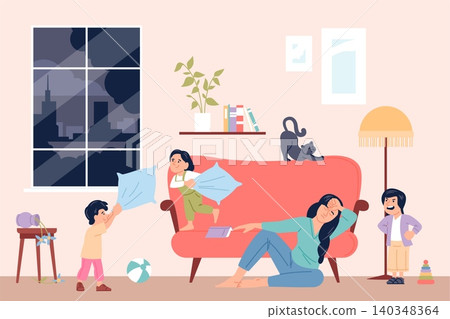 Sleeping mother in child room. Exhausted mom and naughty children screaming and playing. Kids not going to bed. Parent sleep on floor, recent vector scene Sleeping mother in child room. Exhausted mom and naughty children screaming and playing. Kids not going to bed. Parent sleep on floor, recent vector scene 140348364