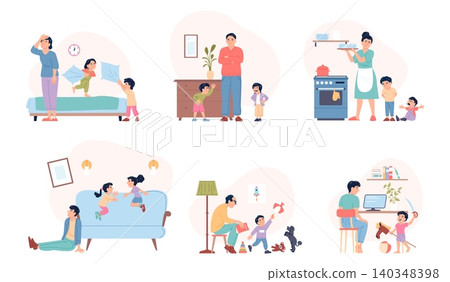 Tired unhappy parents. Mothers fathers and naughty children. Upset parent cant working, doing housework, resting. Family exhausted recent vector scenes 140348398