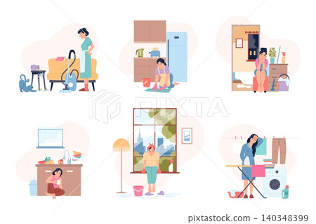 Tired housewife scenes. Women doing housework, washing, cleaning floor, vacuuming and ironing. Upset, exhausted female characters, recent vector set Tired housewife scenes. Women doing housework, washing, cleaning floor, vacuuming and ironing. Upset, exhausted female characters, recent vector set 140348399