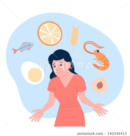 Food allergy. Woman has watery eyes, rash and redness of skin due to nutrition allergy. Different allergens, intolerance for products, recent vector scene Food allergy. Woman has watery eyes, rash and redness of skin due to nutrition allergy. Different allergens, intolerance for products, recent vector scene 140348413
