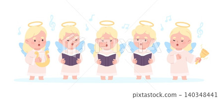 Children angel choir. Little kids wear angels costumes, holy festival or holiday characters. Adorable singers with books, harp and trumpet, racy vector scene Children angel choir. Little kids wear angels costumes, holy festival or holiday characters. Adorable singers with books, harp and trumpet, racy vector scene 140348441