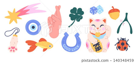 Lucky charms. Different lucky symbols, maneki neko cat, dice, horseshoe. Cartoon magical amulets, traditional symbol for happy, racy vector set Lucky charms. Different lucky symbols, maneki neko cat, dice, horseshoe. Cartoon magical amulets, traditional symbol for happy, racy vector set 140348459