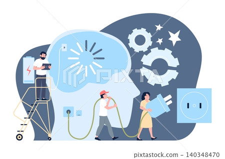 Human brain charge. Tired mind need recharge. Creative business team got exhausted during brainstorming session and needed rest, recent vector scene 140348470