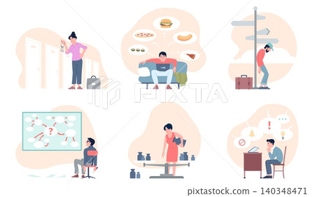 Decision fatigue scenes. Overload from multitasking, difficulty making life choices, cognitive imbalance and tired brain. Apathy people recent vector scenes Decision fatigue scenes. Overload from multitasking, difficulty making life choices, cognitive imbalance and tired brain. Apathy people recent vector scenes 140348471