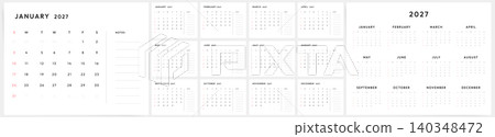 2027 Calendar template design. Week starts on Sunday. Wall planner with notes in simple clean style. Corporate or business calendar. English vector calendar layout. 2027 Calendar template design. Week starts on Sunday. Wall planner with notes in simple clean style. Corporate or business calendar. English vector calendar layout. 140348472