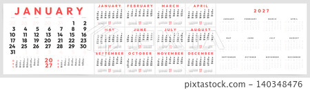 2027 Calendar template design. Week starts on Sunday. Bold wall planner with red accents and month preview in modern style. Business calendar. English vector calendar layout. 2027 Calendar template design. Week starts on Sunday. Bold wall planner with red accents and month preview in modern style. Business calendar. English vector calendar layout. 140348476