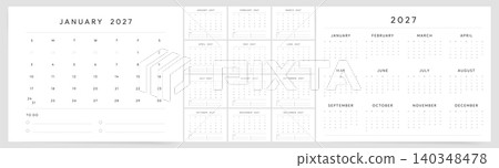 2027 calendar template. Week starts on Sunday. Minimal wall planner with to-do checklist. Business task management calendar. English vector. 2027 calendar template. Week starts on Sunday. Minimal wall planner with to-do checklist. Business task management calendar. English vector. 140348478